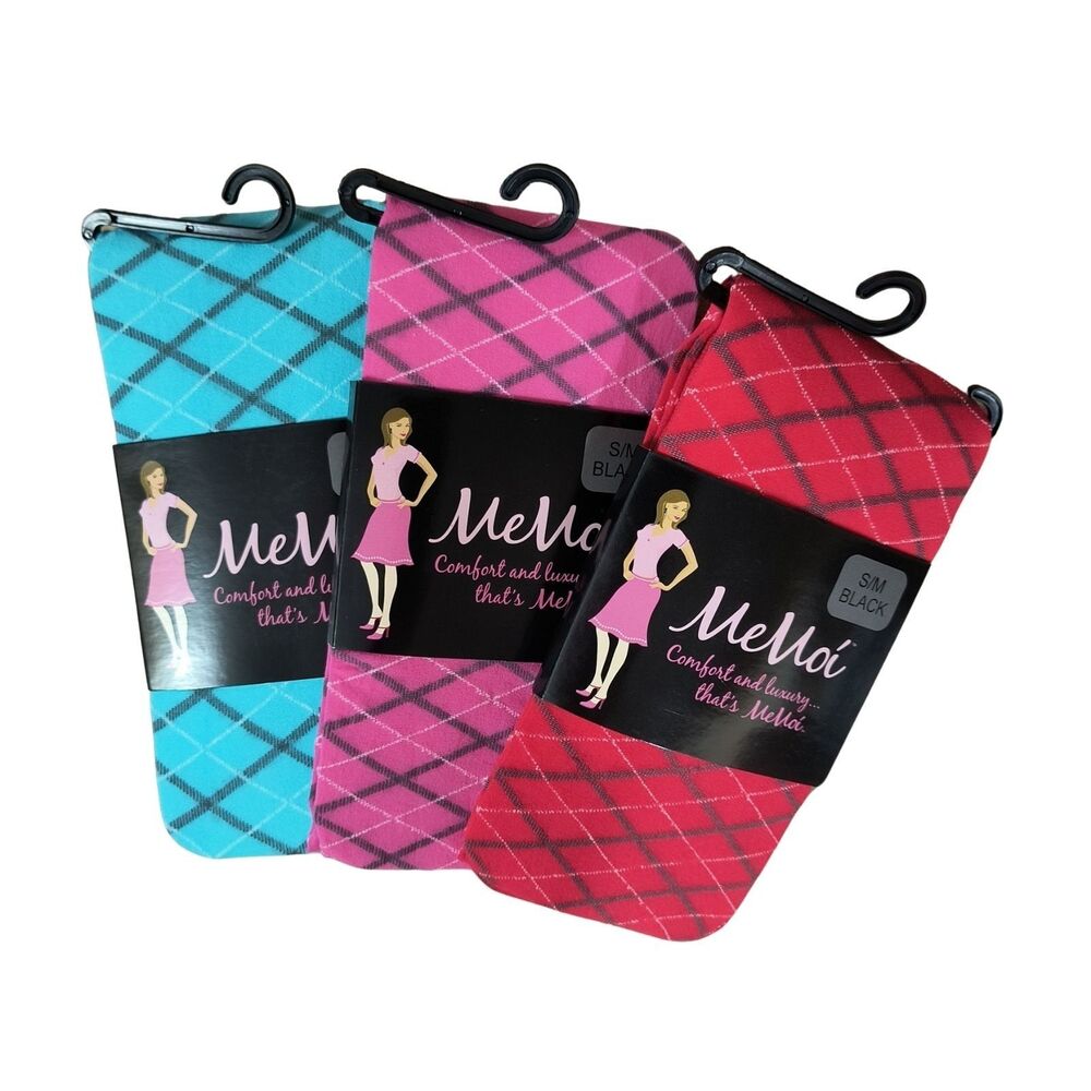 MeMoi Fashion Tights Lot Small/Medium Set of 3 Pink Blue Red Argyle Diamond NWT